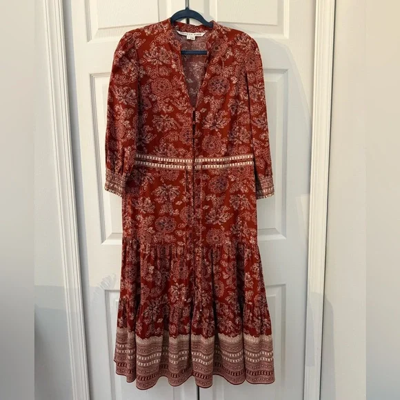 New Veronica Beard Swedie Red rust Floral Cotton Border Print Midi Dress paisley - Picture 9 of 15